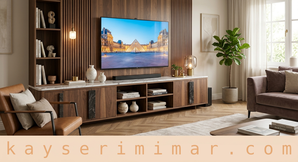 Ahşap ve mermer detaylı TV ünitelerid